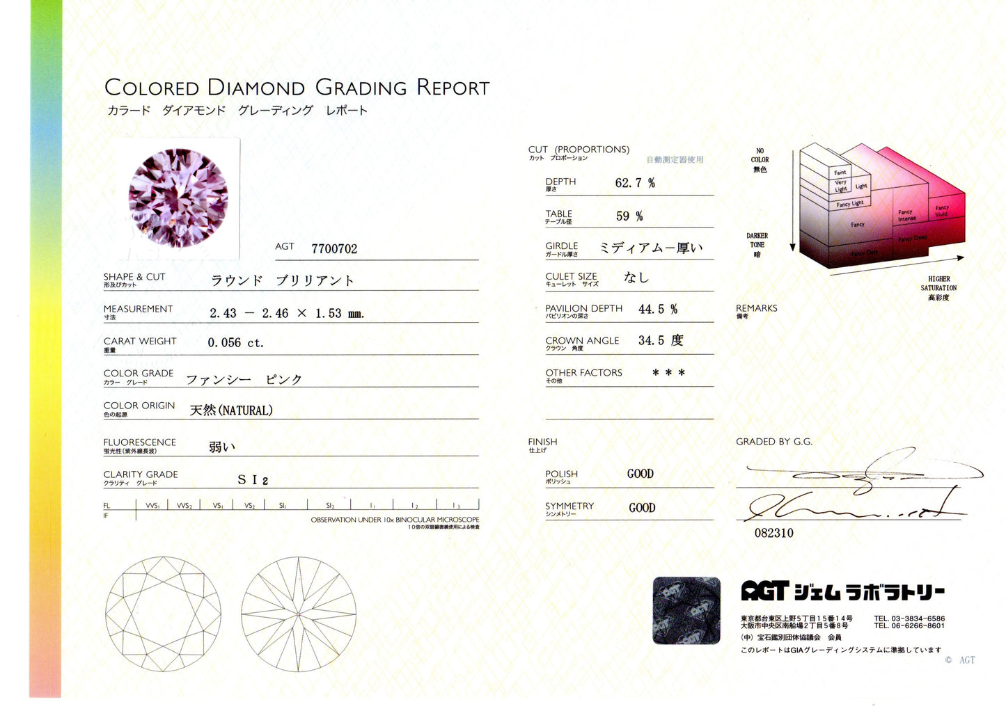 ファンシーピンクダイヤモンド ラウンドブリリアント 0.056ct