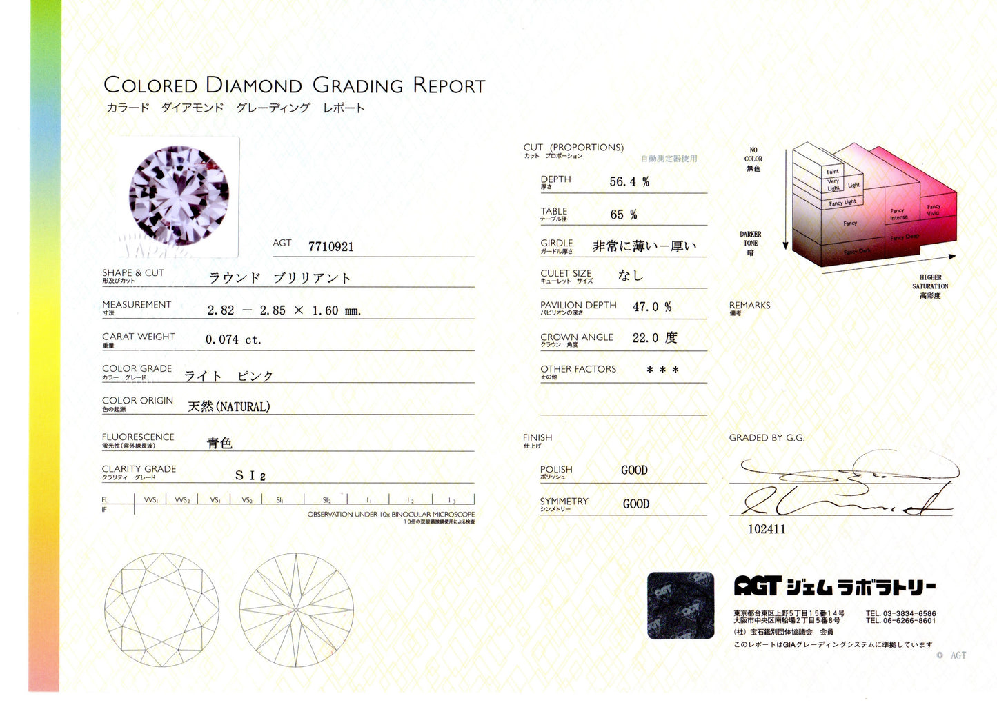 ライトピンクダイヤモンド ラウンドブリリアント 0.074ct