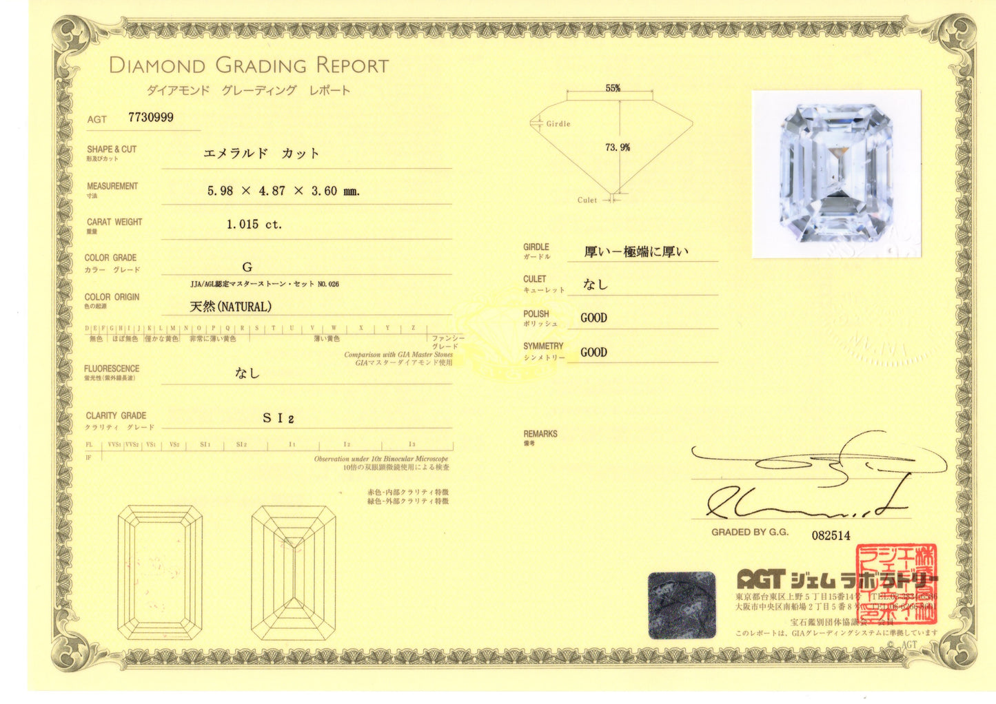 ダイヤモンド エメラルドカット 1.015ct