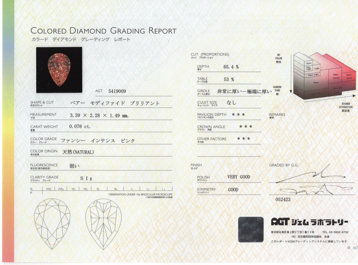 ファンシーインテンスピンクダイヤモンド ペアモディファイドブリリアント 0.078ct