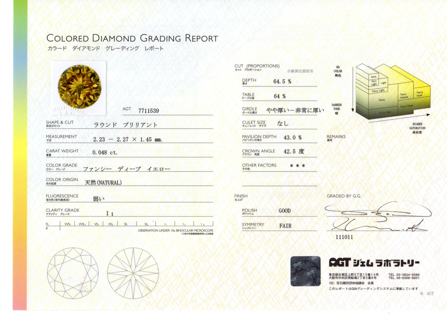 ファンシーディープイエローダイヤモンド ラウンドブリリアント 0.048ｃｔ